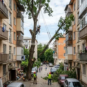 Спил деревьев методом завешивания в Новороссийске – удаление частями без удара о землю